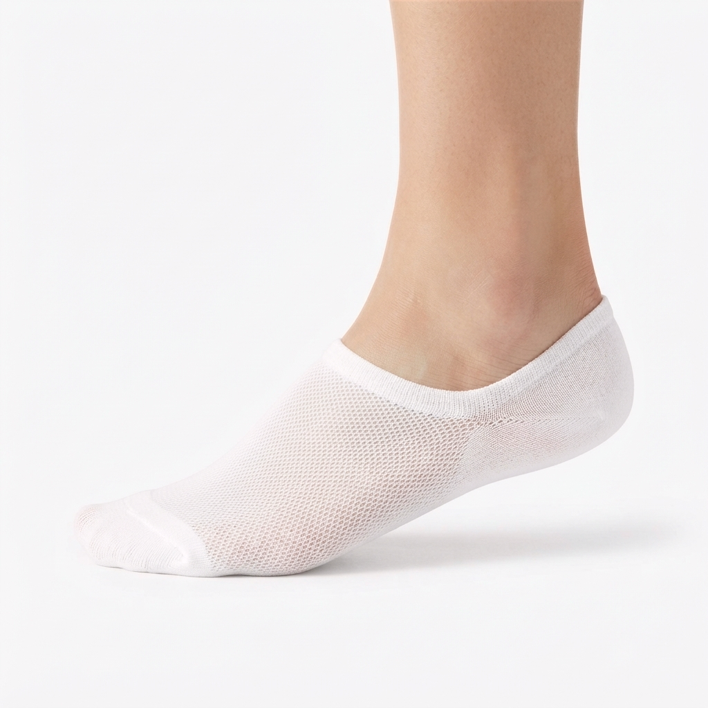 White FreeTheLace no-show sock worn on a foot, showing the breathable mesh panel across the top of the foot
